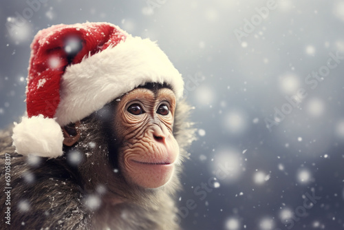 cute monkey wearing santa claus hat snow background © Salawati