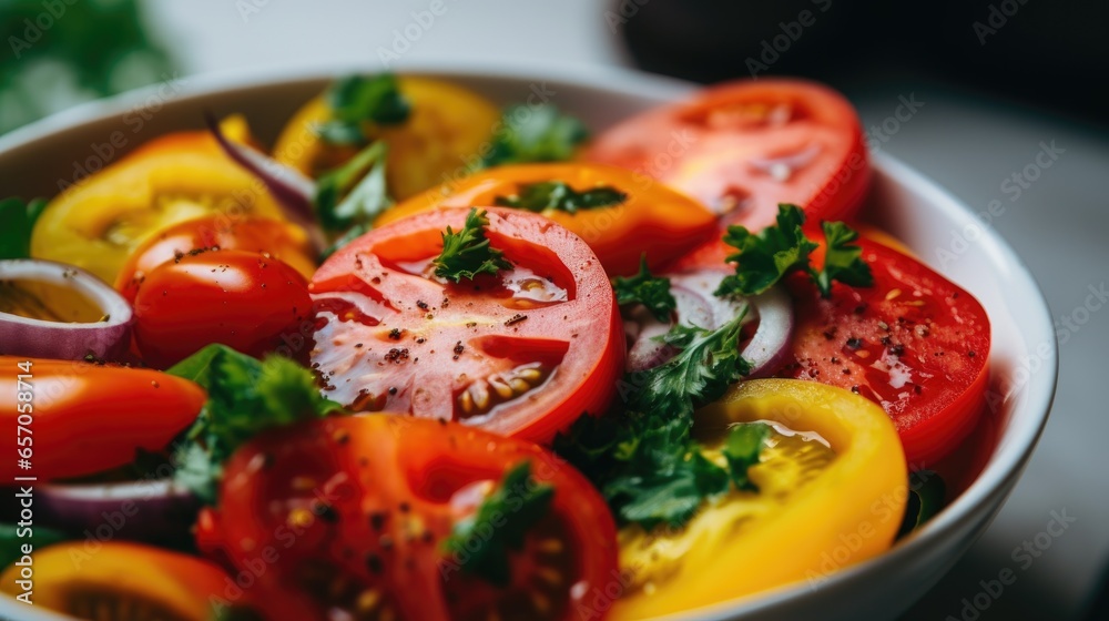 Fresh vegetable salad with tomato, onion and parsley in a bowl