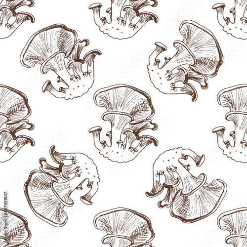 Seamless pattern of hand drawn oyster mushrooms. Vintage drawing. Eco food vintage vector illustration. Sketch illustration for print, web, mobile and infographics.
