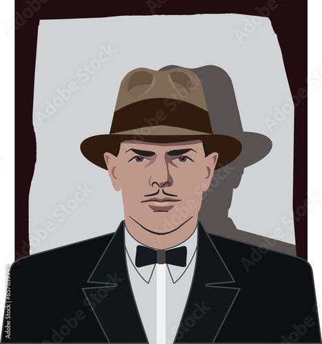 Vintage mafia avatar vector, mafia portrait with hat from the 1930s. Gentleman portrait vector graphic with hat. Male portrait illustration from the 1930s.