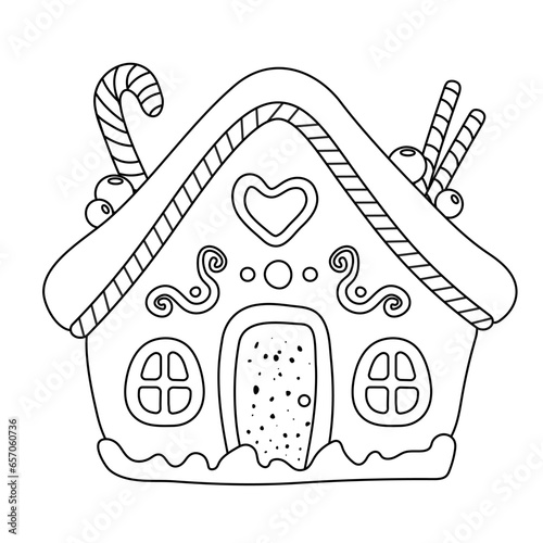 Coloring pages of gingerbread houses. Outline vector illustration for children activity. Christmas black and white images, ready for print.