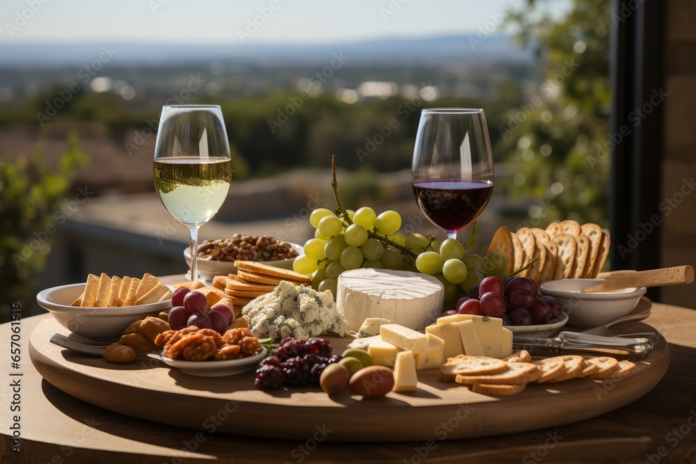  Wine and cheese platter set against a picturesque vineyard backdrop, Generative AI 