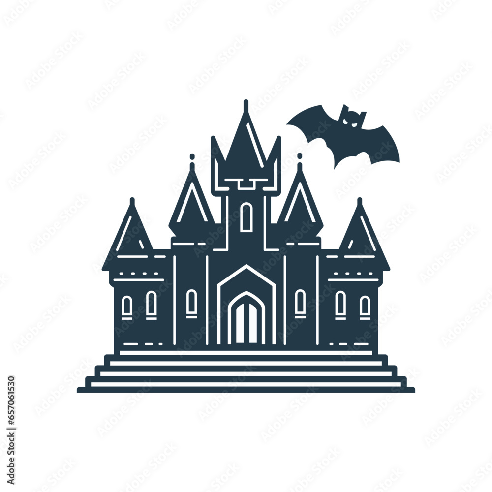 Halloween castle and bat icon. Horror house building castle. Isolated vector illustration.