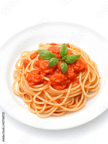 Delicious Plate of Spaghetti with Tomato Sauce on a White Background