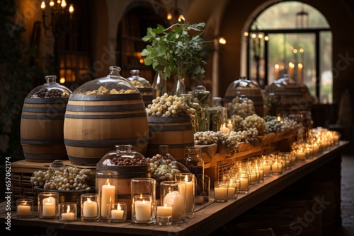 Wine barrel room with soft candlelight creating a warm and inviting atmosphere, Generative AI