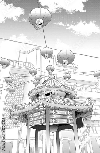 漫画風ペン画イラスト　アジア風_中華街