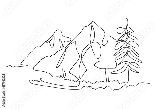 One continuous line drawing of mountain range landscape. Web banner with mounts in simple linear style. Adventure winter sports concept isolated on white background. Doodle vector illustration
