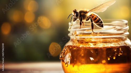 A bee flies on a jar with honey. © somchai20162516