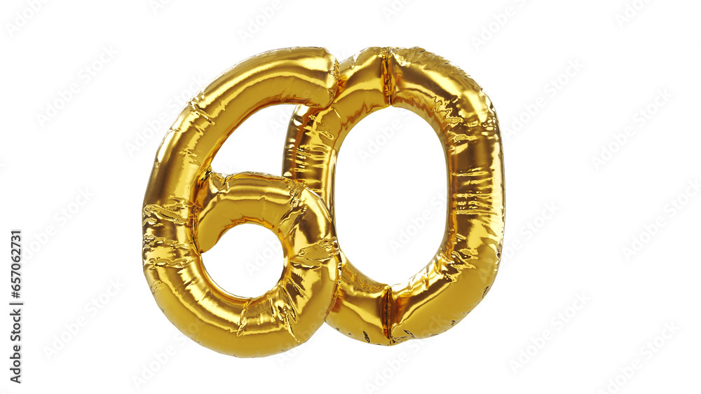3D render of balloon number sixty isolated on white background. Party decoration golden balloons. Anniversary 3D render of balloon number sixty isolated on white background. Party decoration golden balloons. Anniversary