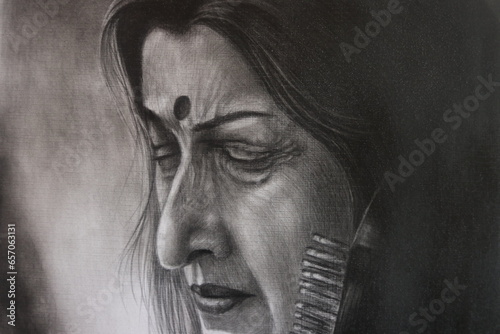 Indian woman sitar artist. Drawing pencil art. Indian Traditional Music. 