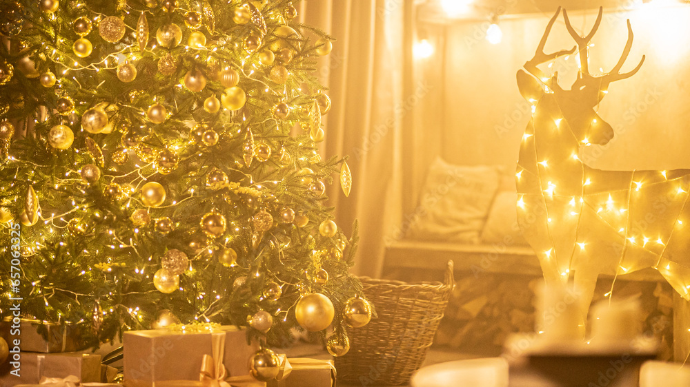 Christmas holiday decor with tree deer fireplace and fairy lights at home. Festive garlands illuminate living room prepared for Xmas celebration. Cozy winter season and domestic life Christmas holiday decor with tree deer fireplace and fairy lights at home. Festive garlands illuminate living room prepared for Xmas celebration. Cozy winter season and domestic life