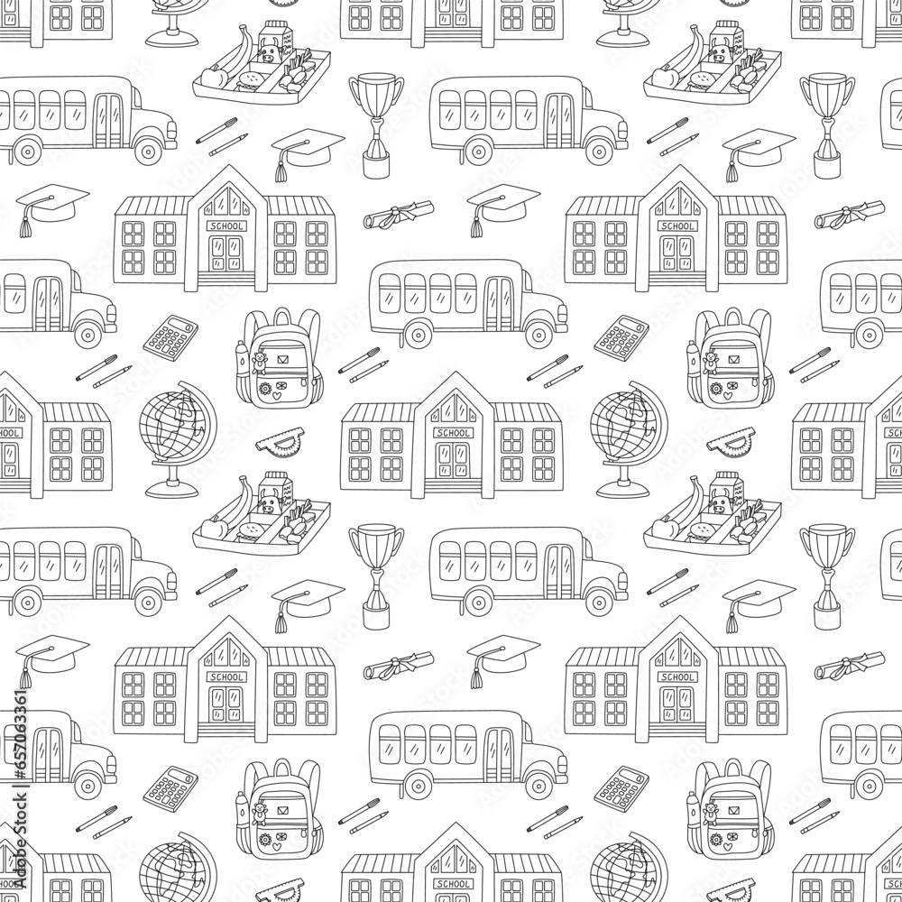 Back to school illustration with school building, bus, office supplies and backpack. Vector doodle seamless pattern on white background.