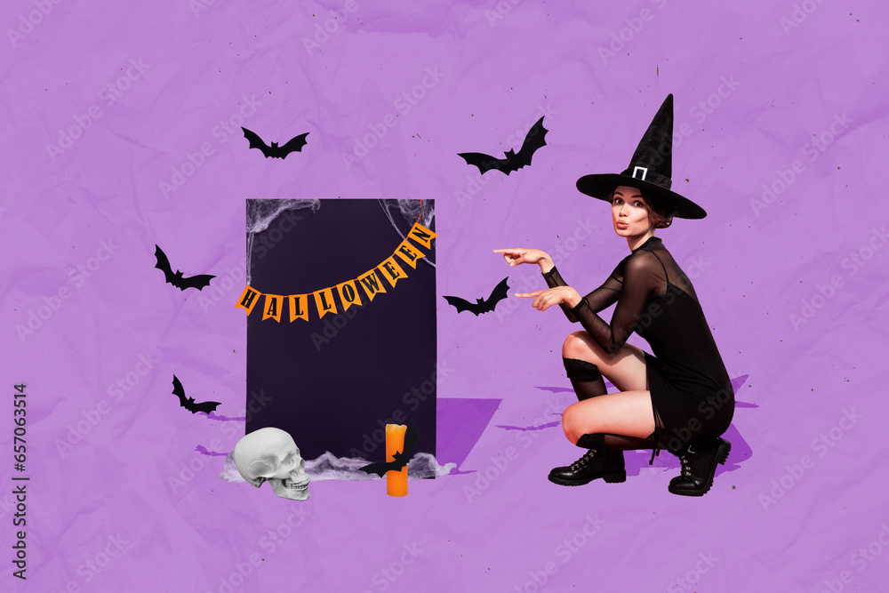 Φωτογραφία Collage picture of mystic cruel conjurer girl point fingers halloween flags post