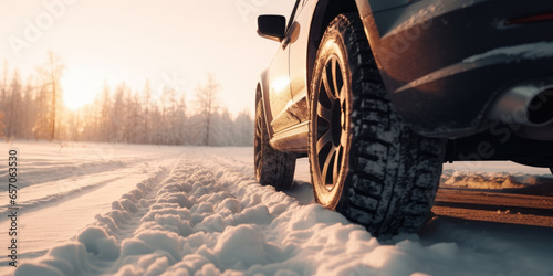 winter driving on icy road close up of vehicle car transport tire in snow background landscape photo