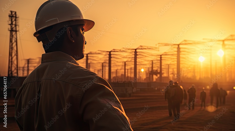 Engineer stands and looks at a large group of high-voltage electric poles. Engineer stands and looks at a large group of high-voltage electric poles.