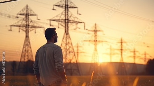 Engineer stands and looks at a large group of high-voltage electric poles.