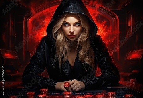 A hot sexy girl plays poker and blackjack roulette in a casino. Card chips on the table, gambit. Luck, victory, luck and jackpot accompany her