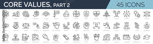 Set of 45 outline icons related to core values. Linear icon collection. Editable stroke. Vector illustration photo