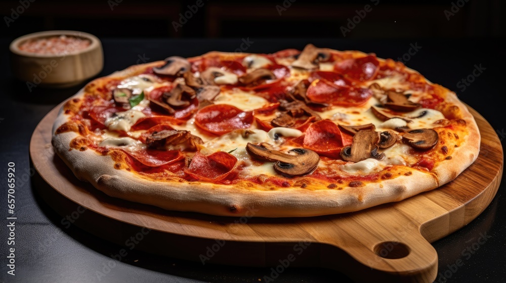 Pepperoni, mushroom and mozzarella pizza fresh from the oven on a wooden tray with a black surface.