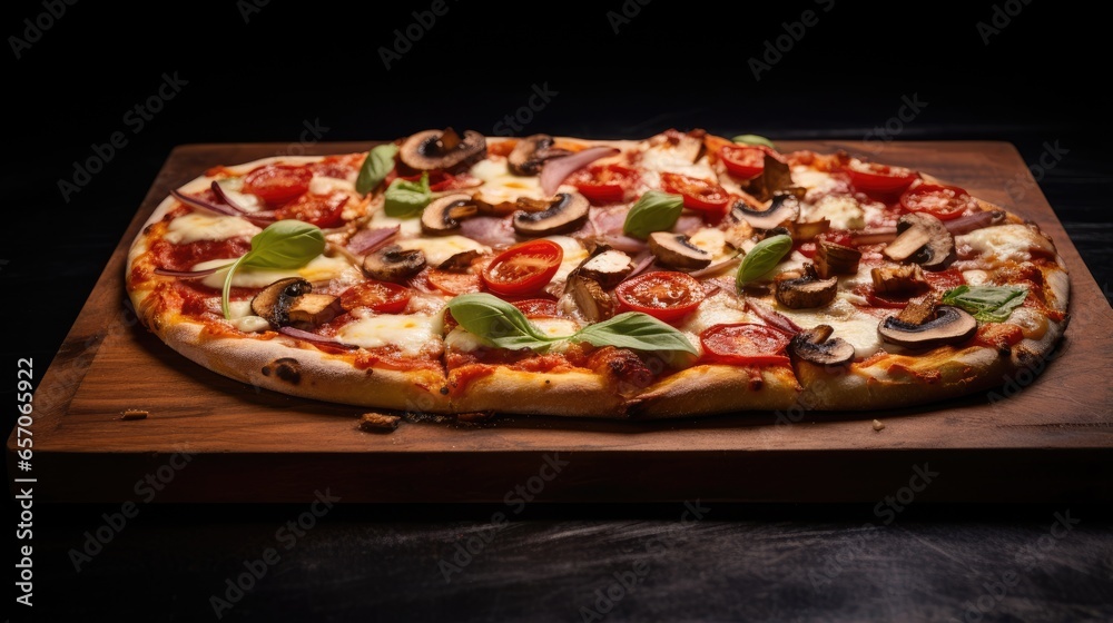Pepperoni, mushroom and mozzarella pizza fresh from the oven on a wooden tray with a black surface. Pepperoni, mushroom and mozzarella pizza fresh from the oven on a wooden tray with a black surface.