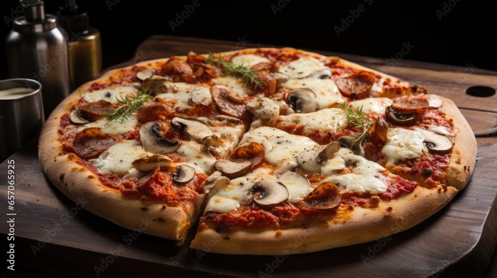 Pepperoni, mushroom and mozzarella pizza fresh from the oven on a wooden tray with a black surface.