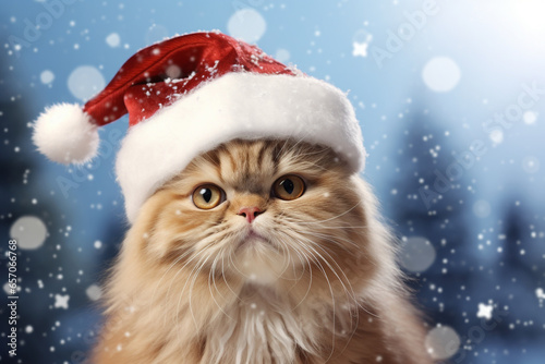 cute cat wearing santa claus hat snow background © Salawati