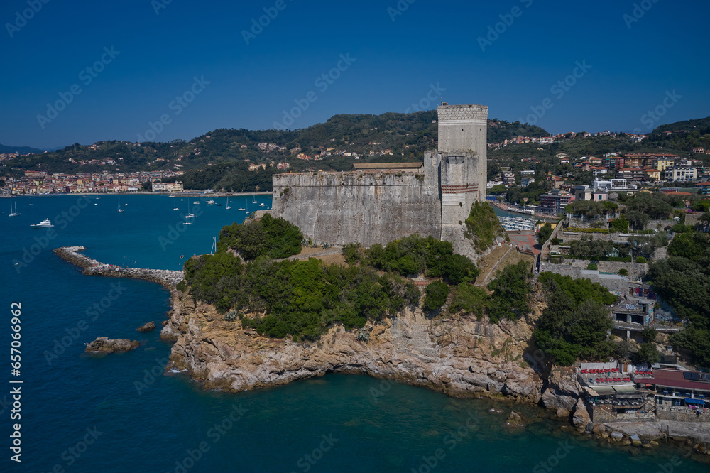 Vivid beautiful town Lerici in Liguria, Italy. Italian resorts on the Ligurian coast aerial view. Yachts and boats. Aerial view of Lerici Castle.