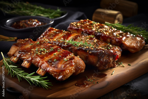 Succulent thick juicy portions of grilled pork ribs served on an old wooden board
