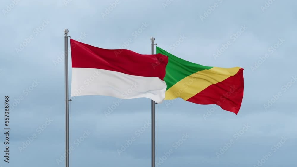 Republic of the Congo flag and Indonesia flag waving together on cloudy sky, endless seamless loop, two country relations concept Republic of the Congo flag and Indonesia flag waving together on cloudy sky, endless seamless loop, two country relations concept