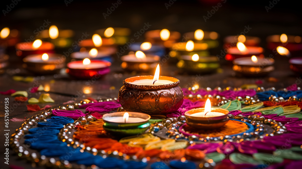 Oil lamps lit on colorful rangoli during diwali celebration Oil lamps lit on colorful rangoli during diwali celebration