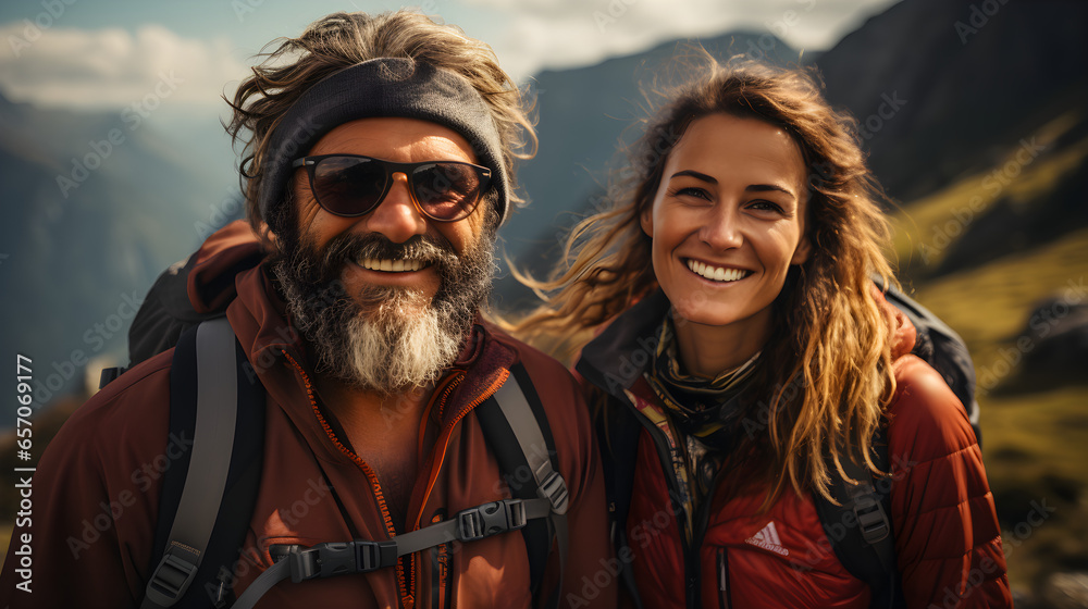 Portrait of happy couple are hiking in the mountains