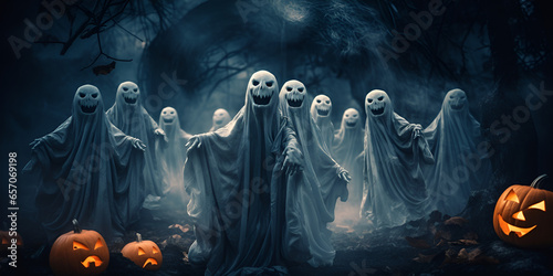d Rendering Halloween Pumpkins In A Spooky Forest At Night ,halloween background with pumpkin AI Generative © aamir