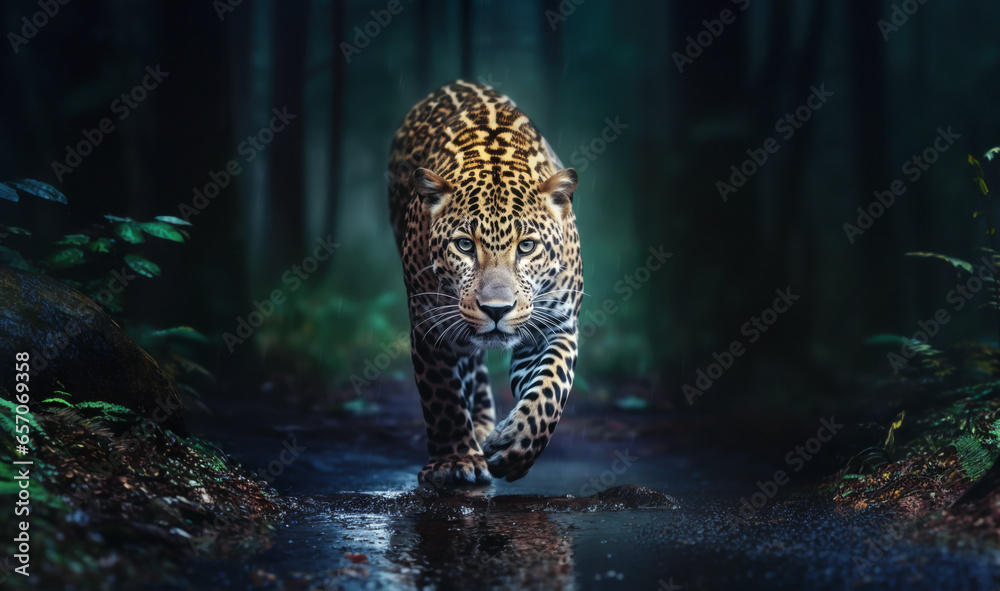 Close-up of a jaguar stalking prey in the rain - obrazy, fototapety, plakaty 