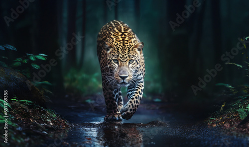 Close-up of a jaguar stalking prey in the rain