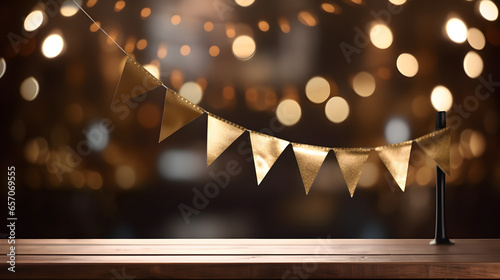 Wooden dark empty table top showcasing with festive flags