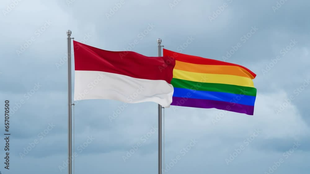 LGBT movement flag also Gay Pride and Indonesia flag waving in the wind cycle looped video, tolerance conception in country LGBT movement flag also Gay Pride and Indonesia flag waving in the wind cycle looped video, tolerance conception in country