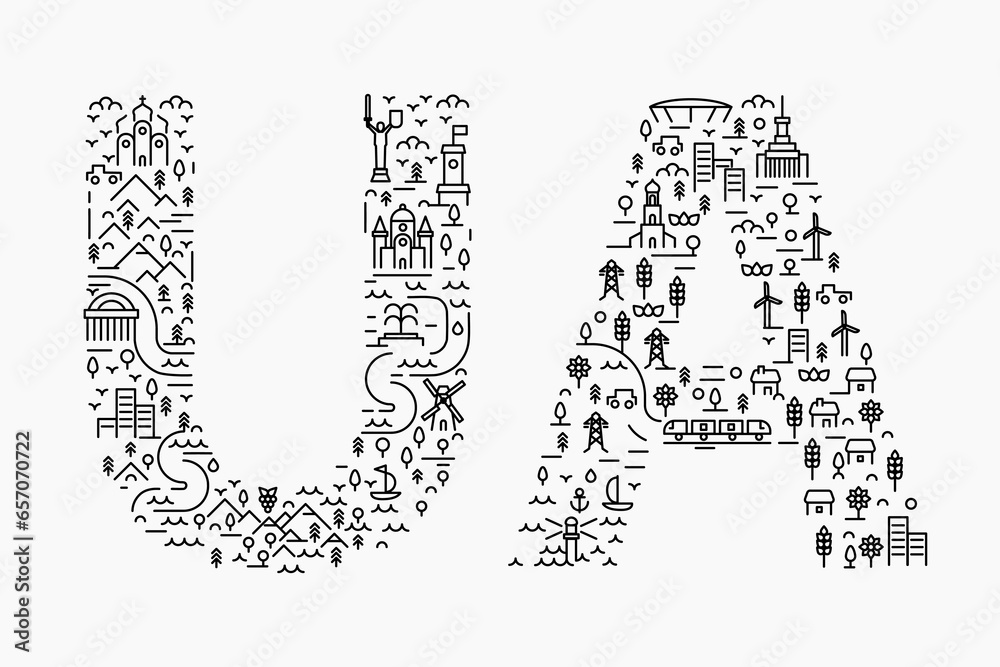 Ukraine creative abstract concept art. Silhouette letter ua from simple elements. Modern minimal geometric composition. National original design template. Patriotic fashion vector illustration. Ukraine creative abstract concept art. Silhouette letter ua from simple elements. Modern minimal geometric composition. National original design template. Patriotic fashion vector illustration.
