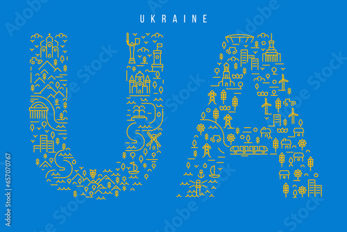 Ukraine creative abstract concept art. Silhouette color letter ua from simple elements. Modern minimal geometric composition. National original design template. Patriotic fashion vector illustration.