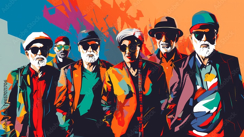 Illustration of a group of seniors dressed in colorful clothes, support of older people for the LGBT community, equality for all
