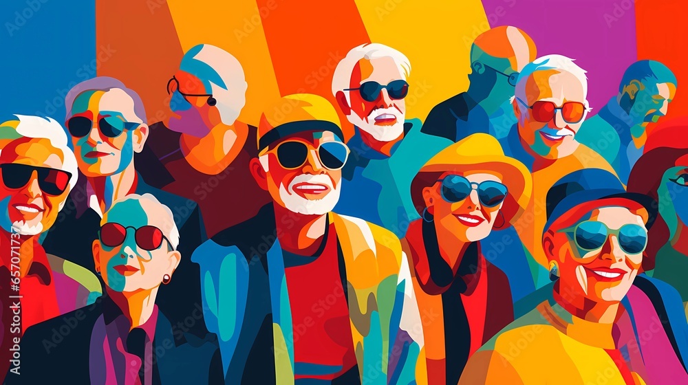 Illustration of a group of seniors dressed in colorful clothes, support of older people for the LGBT community, equality for all