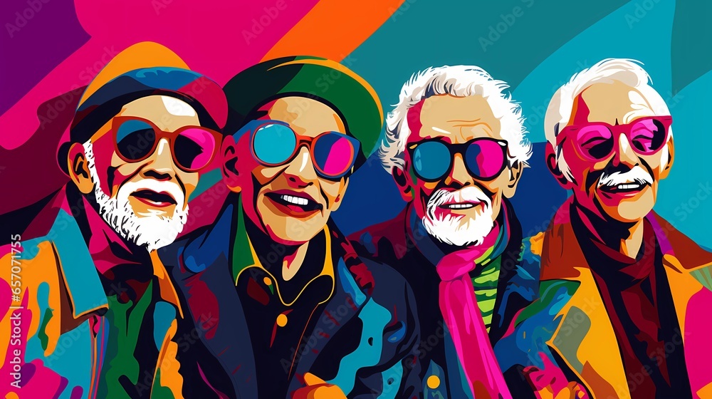 Illustration of a group of seniors dressed in colorful clothes, support of older people for the LGBT community, equality for all