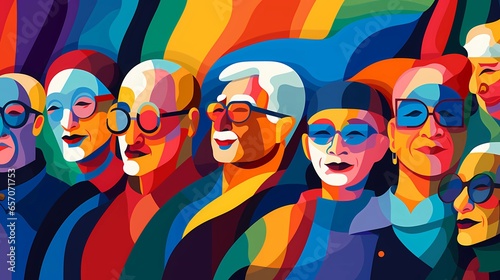 Illustration of a group of seniors dressed in colorful clothes, support of older people for the LGBT community, equality for all