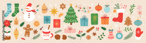 Christmas and New Year decorative hand drawn elements. Snowman, gifts, toys, Christmas tree, candy, holly, gingerbreads. Perfect for scrapbooking, greeting card, party invitation, poster, stickers.