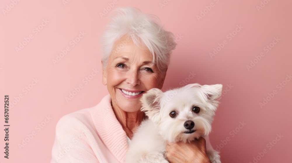 Senior lady and her dog in a well-lit studio. Senior lady and her dog in a well-lit studio.