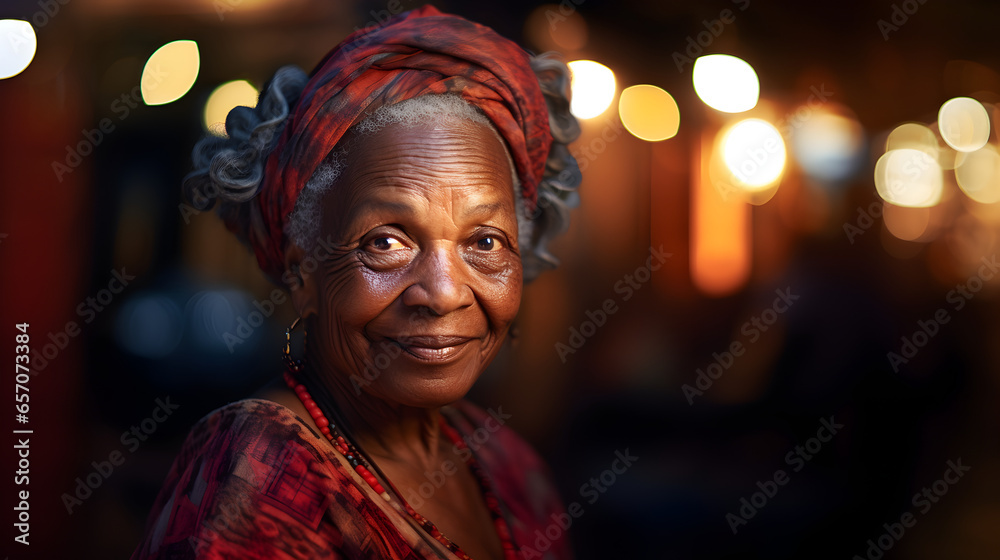 An older woman of color at night with soft lighting