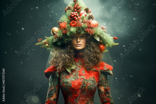 portrait d'une femme sapin de Noël, concept haute couture, vêtement de luxe photo
