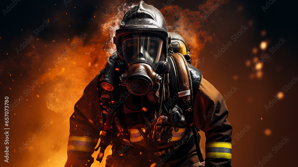 FIREFIGHTER ON A FIRE WITH EXTRACTION SUIT, OXYGEN MASK AND OXYGEN TUBE ON HIS BACK HALF SIDE IMAGE VIEW FIREFIGHTER ON A FIRE WITH EXTRACTION SUIT, OXYGEN MASK AND OXYGEN TUBE ON HIS BACK HALF SIDE IMAGE VIEW
