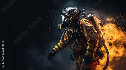 FIREFIGHTER ON A FIRE WITH EXTRACTION SUIT, OXYGEN MASK AND OXYGEN TUBE ON HIS BACK HALF SIDE IMAGE VIEW 
