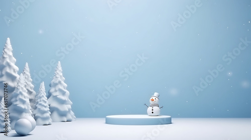minimal podium and space mock up concept for christmas and winter season, pine tree, snow, cute snowman white and blue color tone