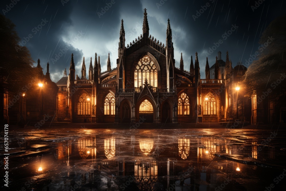 Medieval cathedral illuminated by moonlight, Generative AI
